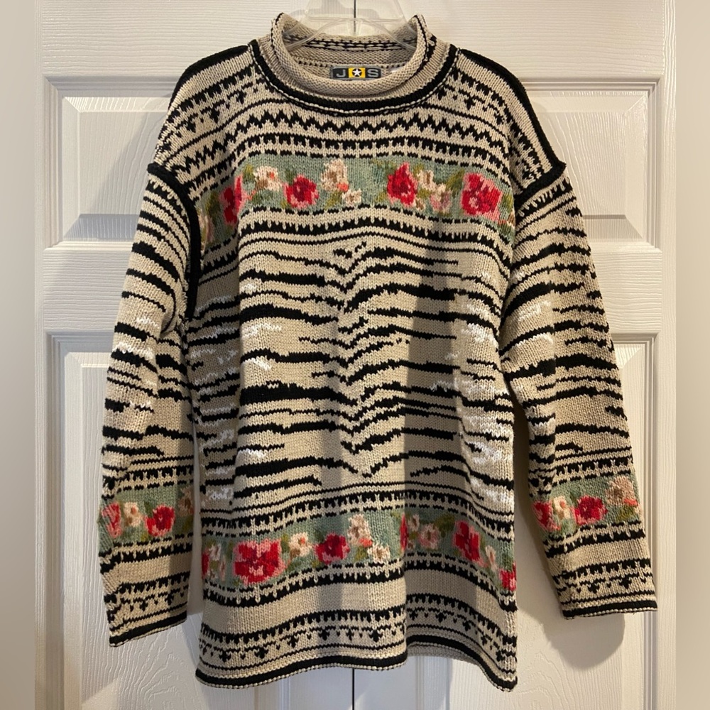 Vintage Roll Neck Sweater Knit Rose Floral Oversized Pullover Size 3 L 23x27.5